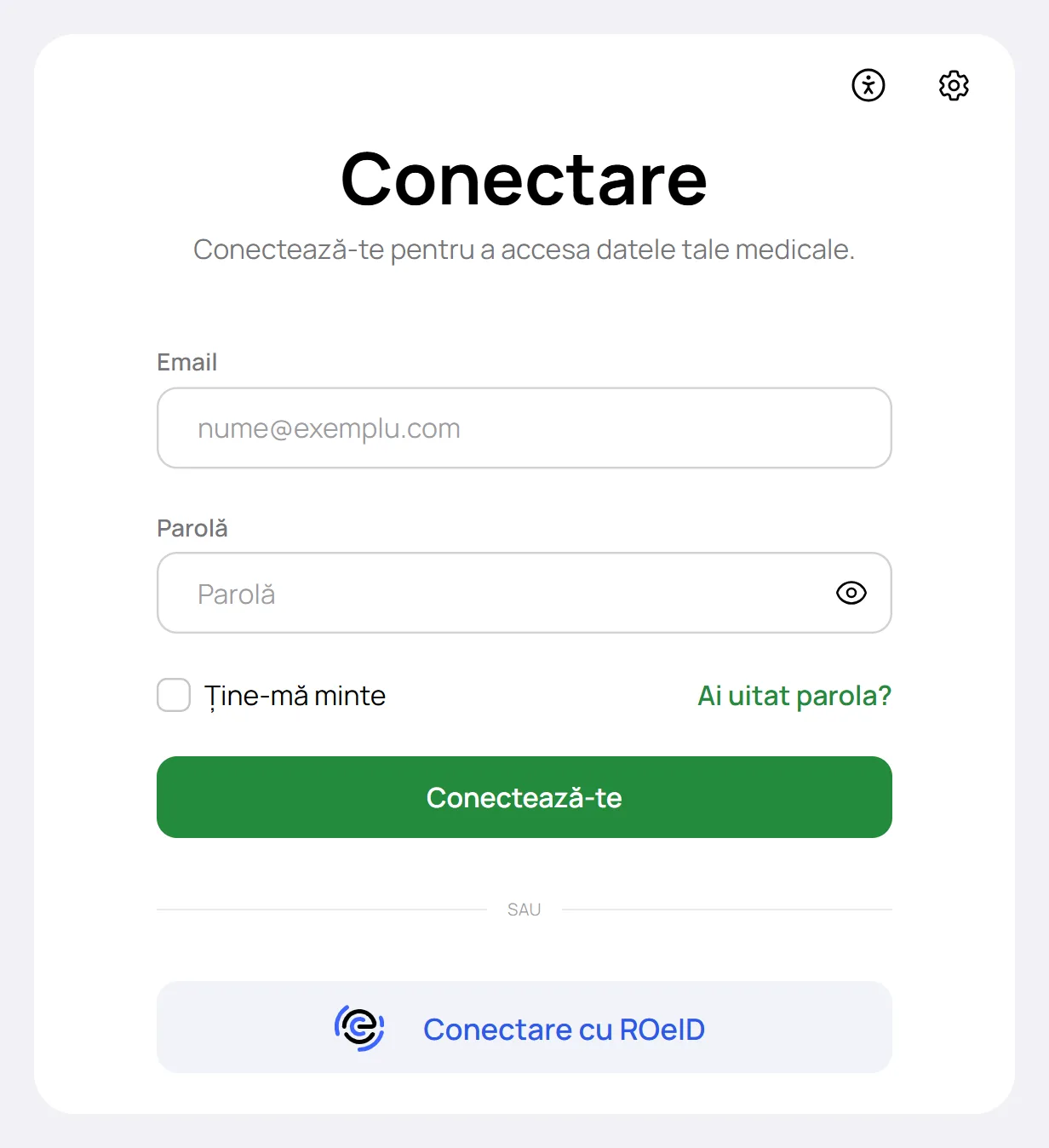Ecranul de conectare din e-Sănătatea Mea, cu câmpuri pentru e-mail și parolă și butonul Conectare cu ROeID